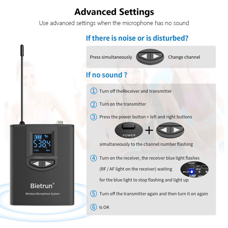Bietrun UHF Wireless Lavalier Lapel Microphone System/Headset Mic/Stand Mic, 165ft Range, Rechargeable Transmitter Receiver, 1/4" Output, for iPhone,Android,PA Speaker,DSLR Camera,YouTube, Recording - Image 4